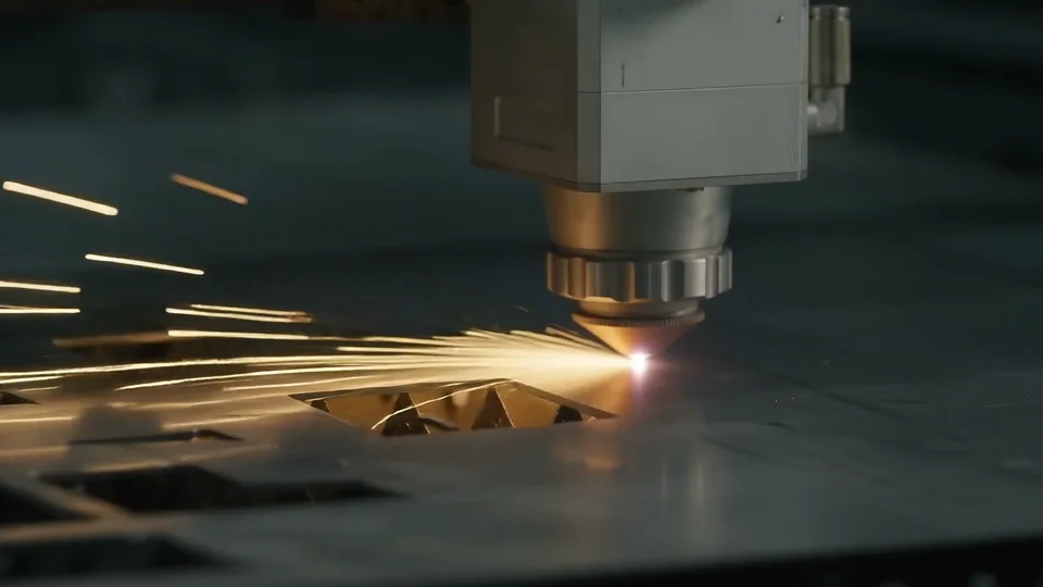 KI-Visualisierung eines Laserschneidkopfs bei der Blechbearbeitung.